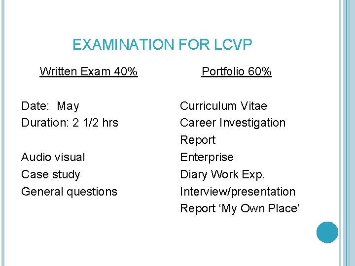 EXAMINATION FOR LCVP Written Exam 40% Date: May Duration: 2 1/2 hrs Audio visual