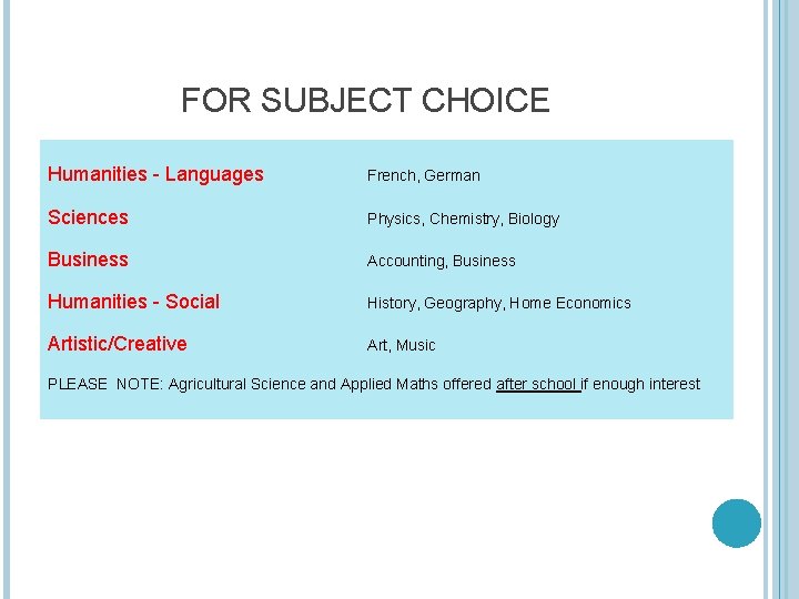 FOR SUBJECT CHOICE Humanities - Languages French, German Sciences Physics, Chemistry, Biology Business Accounting,