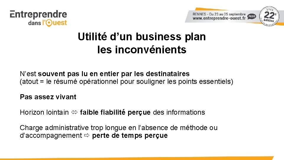 Utilité d’un business plan les inconvénients N’est souvent pas lu en entier par les