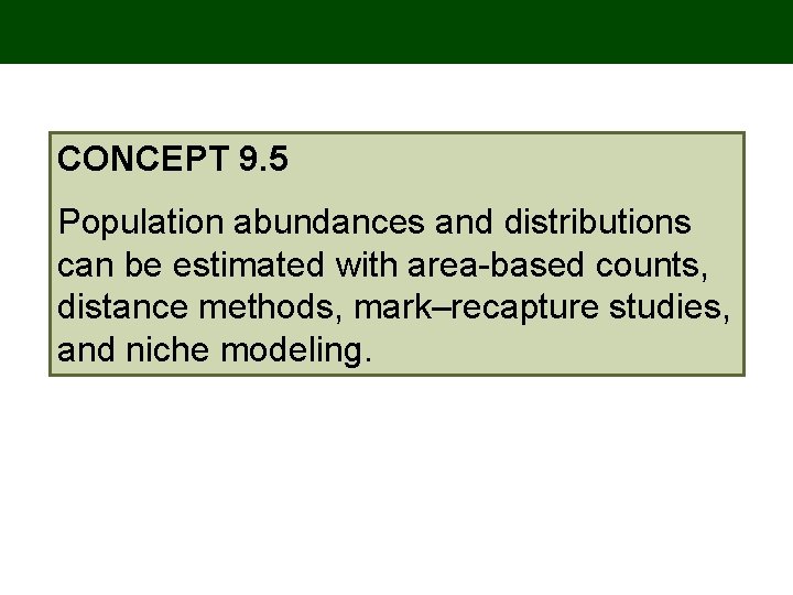 CONCEPT 9. 5 Population abundances and distributions can be estimated with area-based counts, distance