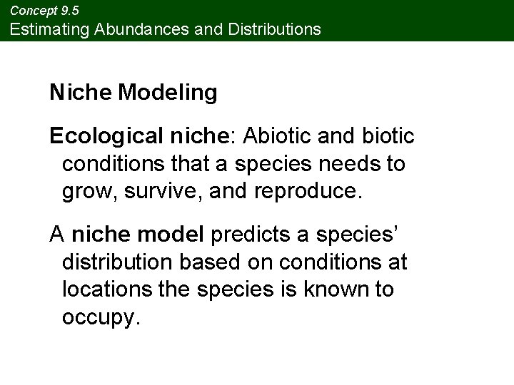 Concept 9. 5 Estimating Abundances and Distributions Niche Modeling Ecological niche: Abiotic and biotic