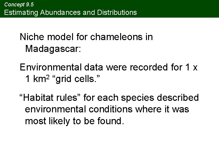 Concept 9. 5 Estimating Abundances and Distributions Niche model for chameleons in Madagascar: Environmental