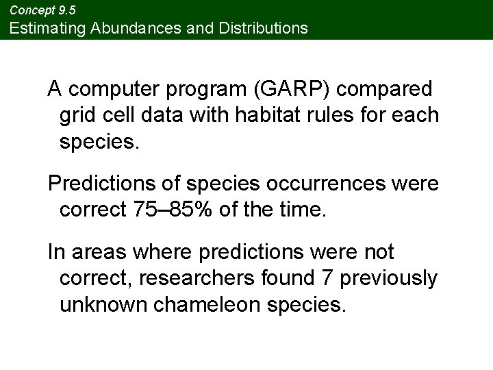 Concept 9. 5 Estimating Abundances and Distributions A computer program (GARP) compared grid cell