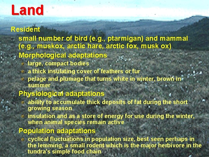 Land Resident small number of bird (e. g. , ptarmigan) and mammal (e. g.