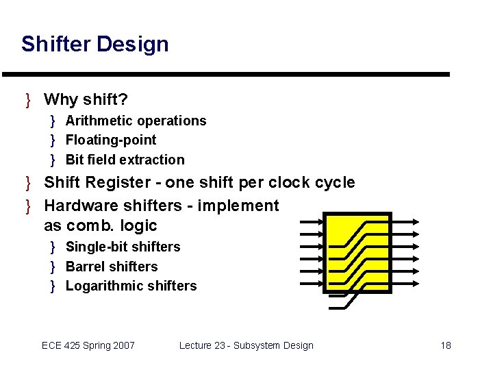 Shifter Design } Why shift? } Arithmetic operations } Floating-point } Bit field extraction Shifter Design } Why shift? } Arithmetic operations } Floating-point } Bit field extraction