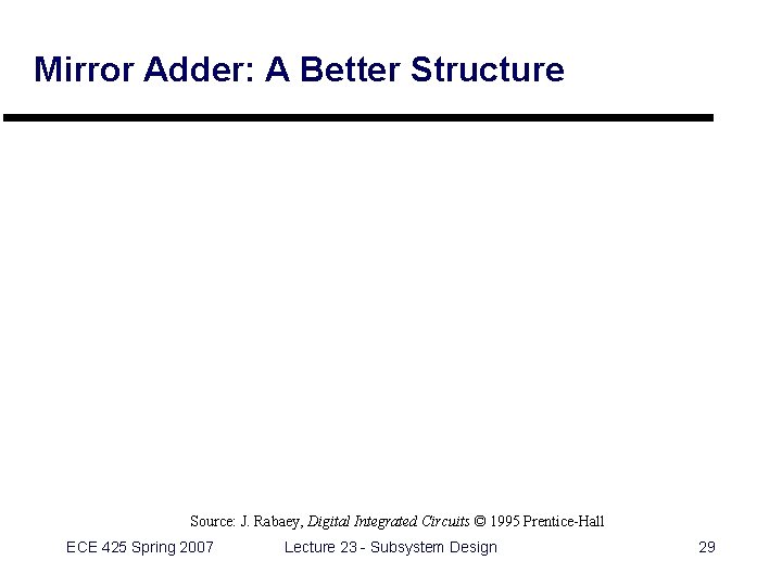 Mirror Adder: A Better Structure Source: J. Rabaey, Digital Integrated Circuits © 1995 Prentice-Hall