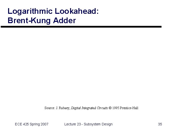 Logarithmic Lookahead: Brent-Kung Adder Source: J. Rabaey, Digital Integrated Circuits © 1995 Prentice-Hall ECE Logarithmic Lookahead: Brent-Kung Adder Source: J. Rabaey, Digital Integrated Circuits © 1995 Prentice-Hall ECE