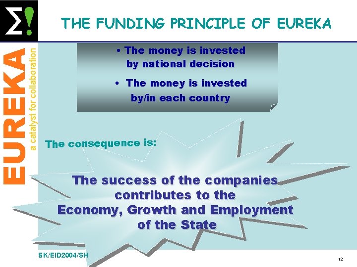 EUREKA a catalyst for collaboration THE FUNDING PRINCIPLE OF EUREKA • The money is