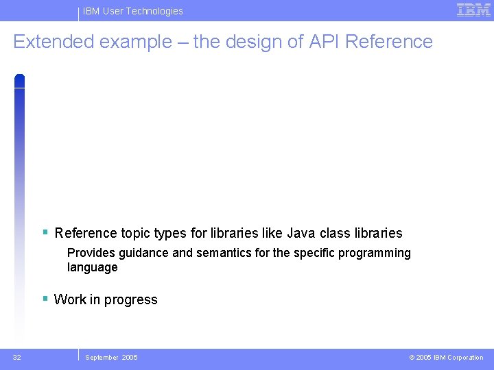 IBM User Technologies Extended example – the design of API Reference topic types for