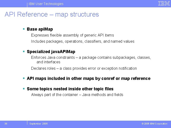 IBM User Technologies API Reference – map structures Base api. Map Expresses flexible assembly