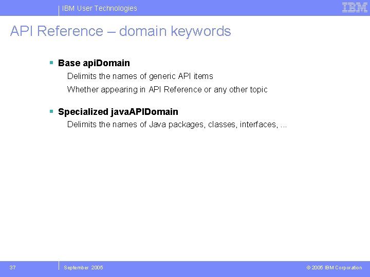 IBM User Technologies API Reference – domain keywords Base api. Domain Delimits the names