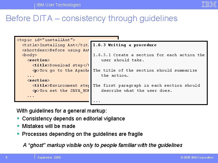 IBM User Technologies Before DITA – consistency through guidelines <topic id="install. Ant"> <title>Installing Ant</title>