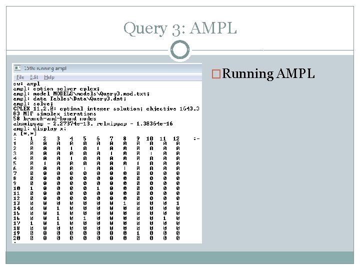 Query 3: AMPL �Running AMPL 