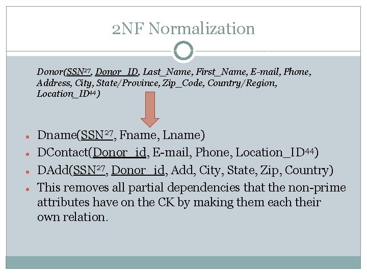 2 NF Normalization Donor(SSN 27, Donor_ID, Last_Name, First_Name, E-mail, Phone, Address, City, State/Province, Zip_Code,