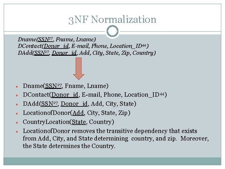 3 NF Normalization Dname(SSN 27, Fname, Lname) DContact(Donor_id, E-mail, Phone, Location_ID 44) DAdd(SSN 27,