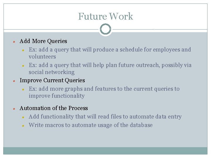 Future Work Add More Queries Ex: add a query that will produce a schedule