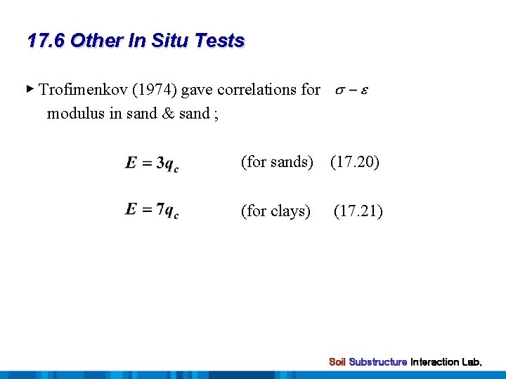 17. 6 Other In Situ Tests ▶ Trofimenkov (1974) gave correlations for modulus in