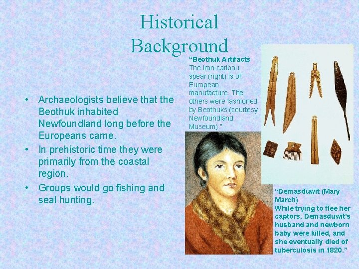 Historical Background • Archaeologists believe that the Beothuk inhabited Newfoundland long before the Europeans