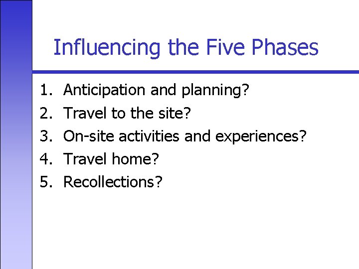 Influencing the Five Phases 1. 2. 3. 4. 5. Anticipation and planning? Travel to
