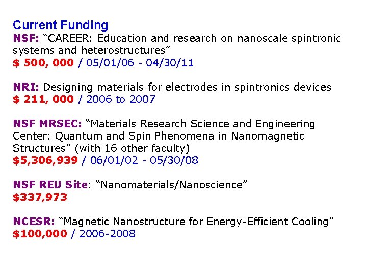 Current Funding NSF: “CAREER: Education and research on nanoscale spintronic systems and heterostructures” $
