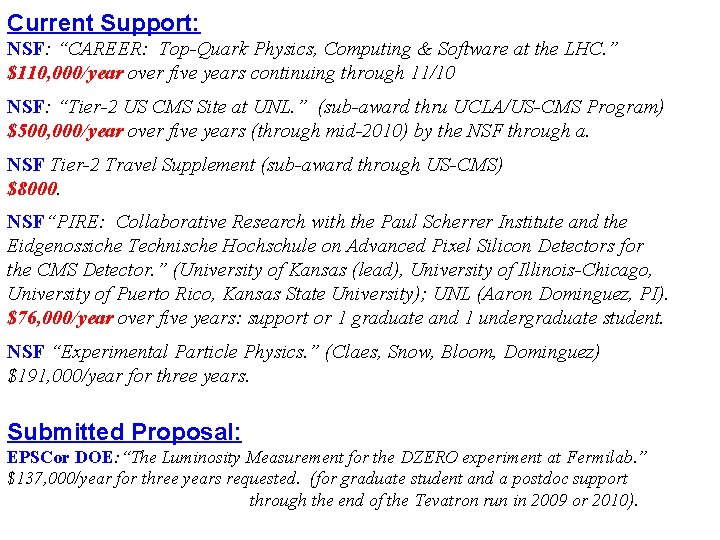 Current Support: NSF: “CAREER: Top-Quark Physics, Computing & Software at the LHC. ” $110,
