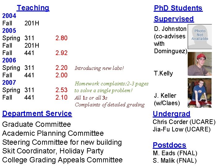 Teaching 2004 Fall 2005 Spring Fall 2006 Spring Fall 2007 Spring Fall Ph. D