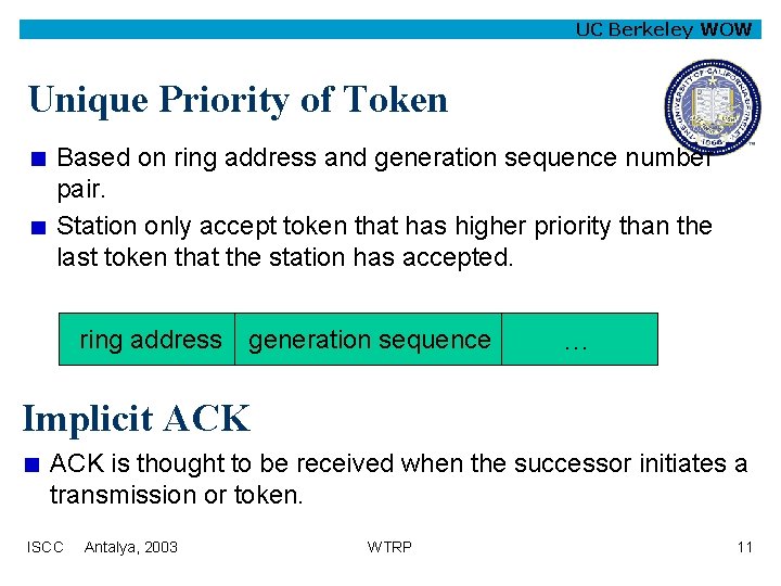 UC Berkeley WOW Unique Priority of Token Based on ring address and generation sequence