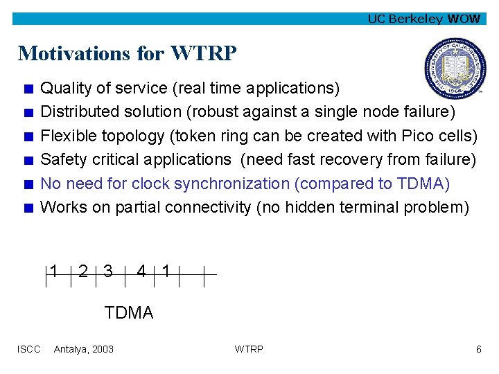 UC Berkeley WOW Motivations for WTRP Quality of service (real time applications) Distributed solution