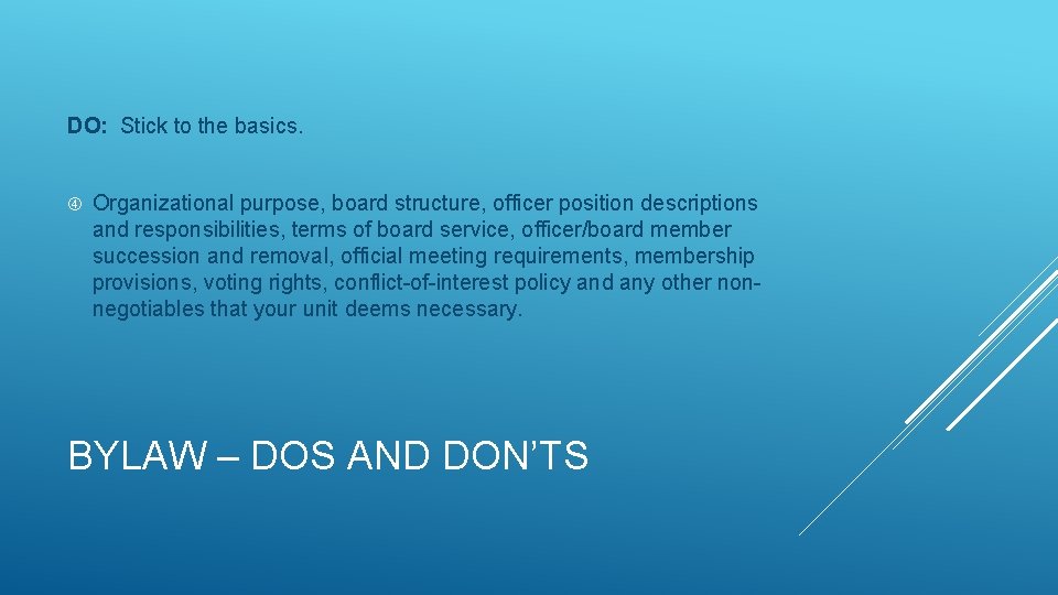 DO: Stick to the basics. Organizational purpose, board structure, officer position descriptions and responsibilities,