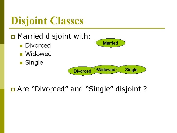 Disjoint Classes p Married disjoint with: n n n Married Divorced Widowed Single Divorced