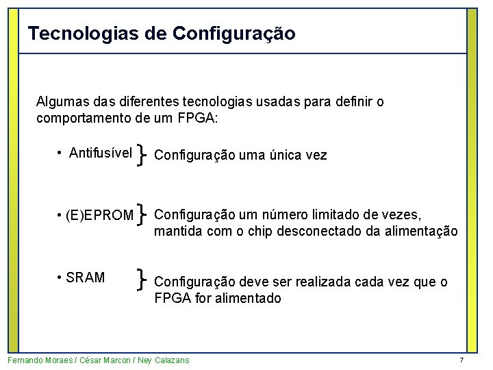 Tecnologias de Configuração Algumas diferentes tecnologias usadas para definir o comportamento de um FPGA: