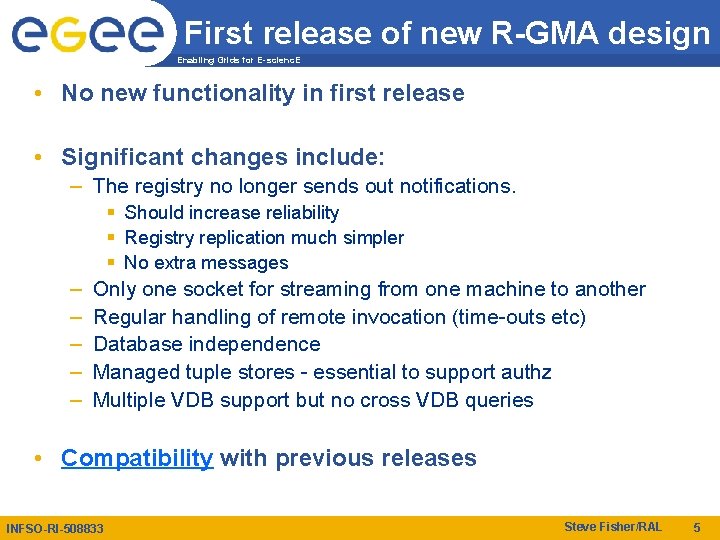 First release of new R-GMA design Enabling Grids for E-scienc. E • No new