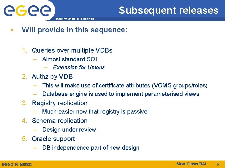 Subsequent releases Enabling Grids for E-scienc. E • Will provide in this sequence: 1.