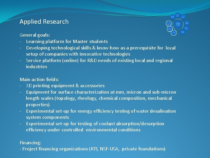 Applied Research General goals: - Learning platform for Master students - Developing technological skills