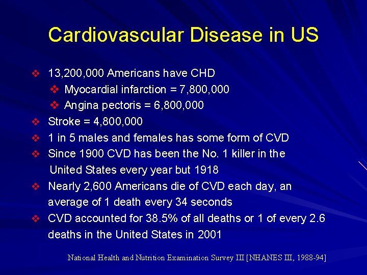 Cardiovascular Disease in US v 13, 200, 000 Americans have CHD v v v