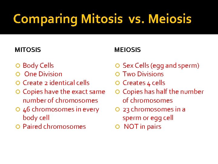 Comparing Mitosis vs. Meiosis MITOSIS MEIOSIS Body Cells One Division Create 2 identical cells