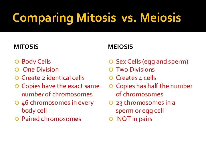 Comparing Mitosis vs. Meiosis MITOSIS MEIOSIS Body Cells One Division Create 2 identical cells Comparing Mitosis vs. Meiosis MITOSIS MEIOSIS Body Cells One Division Create 2 identical cells