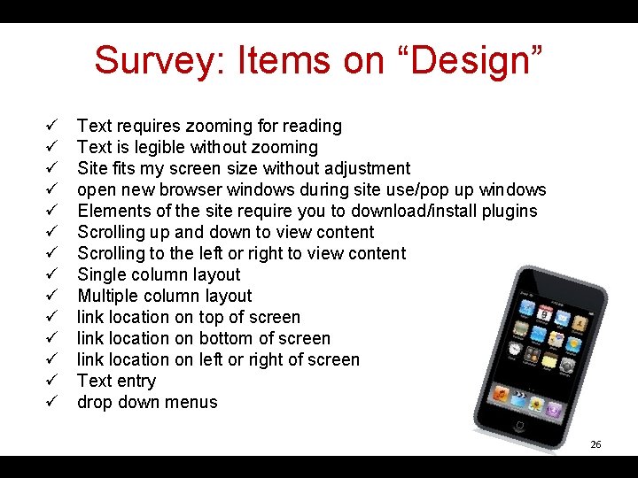 Survey: Items on “Design” ü ü ü ü Text requires zooming for reading Text