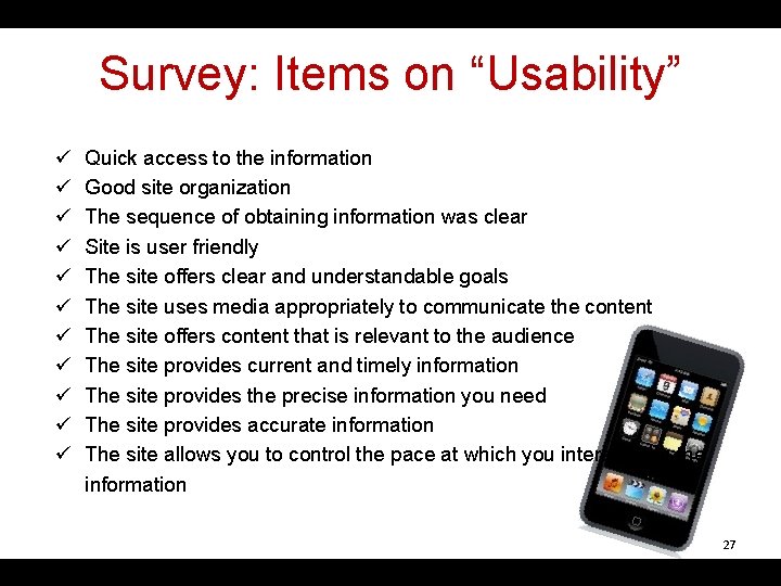 Survey: Items on “Usability” ü ü ü Quick access to the information Good site