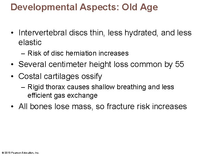 Developmental Aspects: Old Age • Intervertebral discs thin, less hydrated, and less elastic –