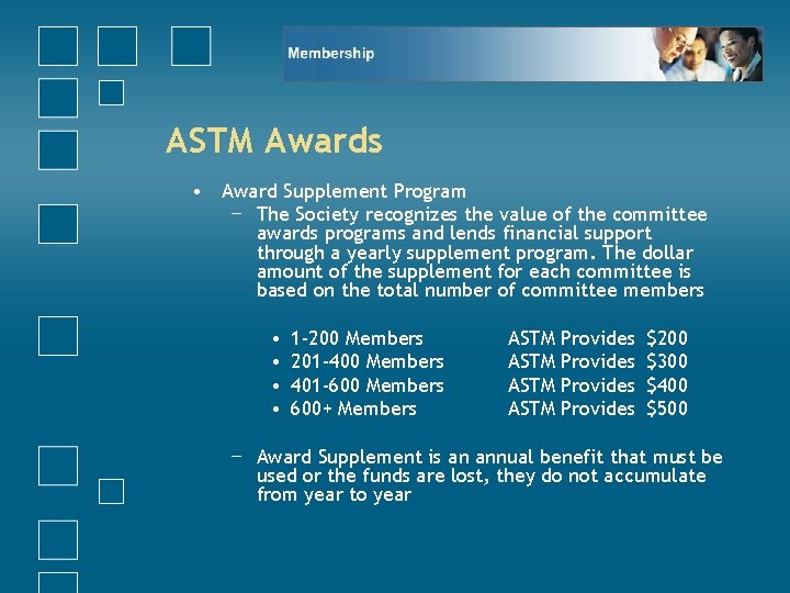 ASTM Awards • Award Supplement Program − The Society recognizes the value of the