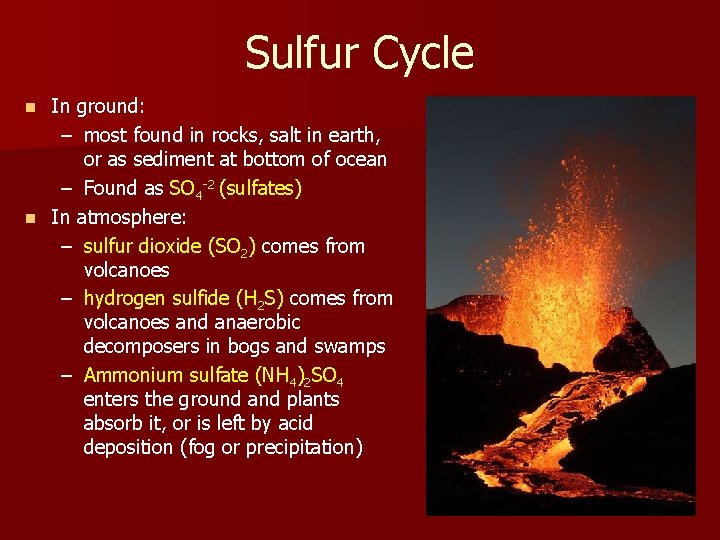 Sulfur Cycle In ground: – most found in rocks, salt in earth, or as