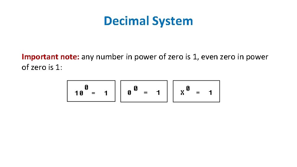 Decimal System Important note: any number in power of zero is 1, even zero