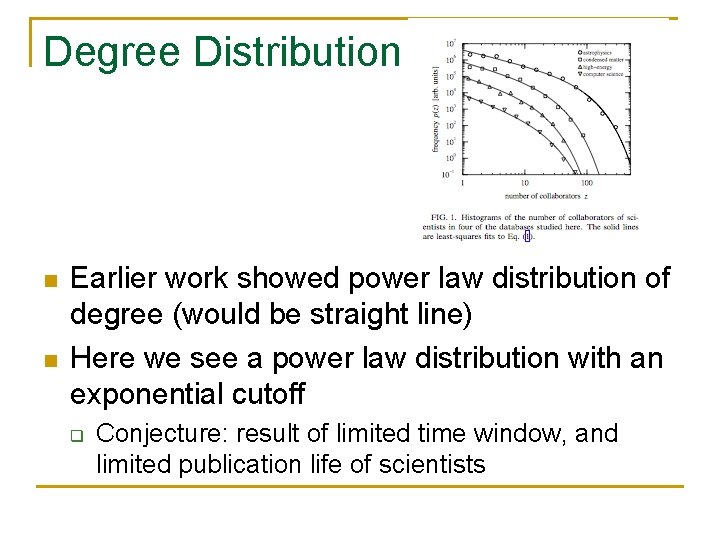Degree Distribution n n Earlier work showed power law distribution of degree (would be