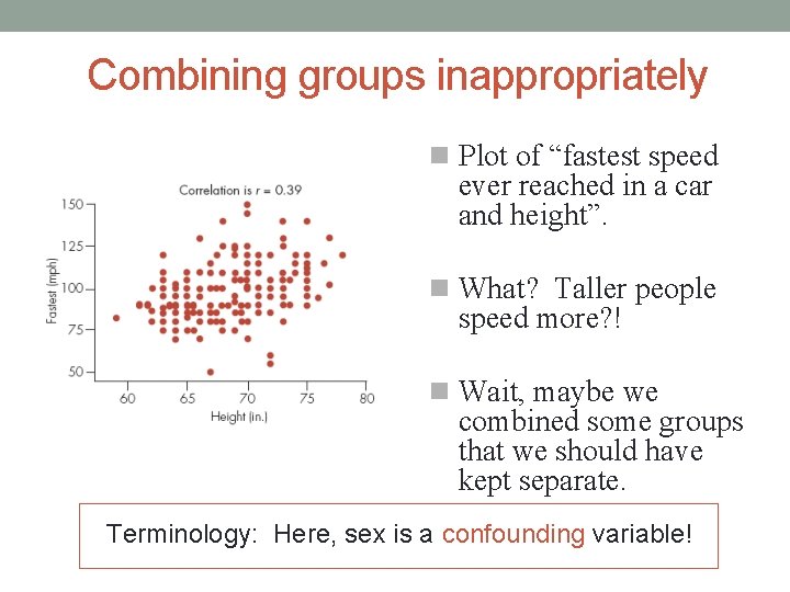 Combining groups inappropriately Plot of “fastest speed ever reached in a car and height”.