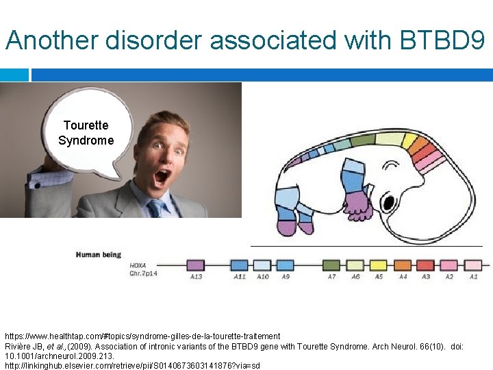 Another disorder associated with BTBD 9 Tourette Syndrome https: //www. healthtap. com/#topics/syndrome-gilles-de-la-tourette-traitement Rivière JB,