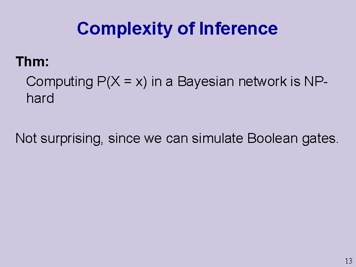Complexity of Inference Thm: Computing P(X = x) in a Bayesian network is NPhard