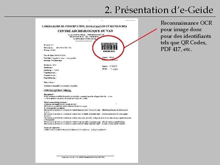 2. Présentation d’e-Geide Reconnaissance OCR pour image donc pour des identifiants tels que QR