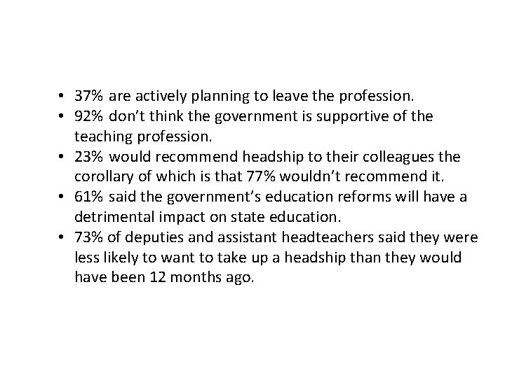  • 37% are actively planning to leave the profession. • 92% don’t think