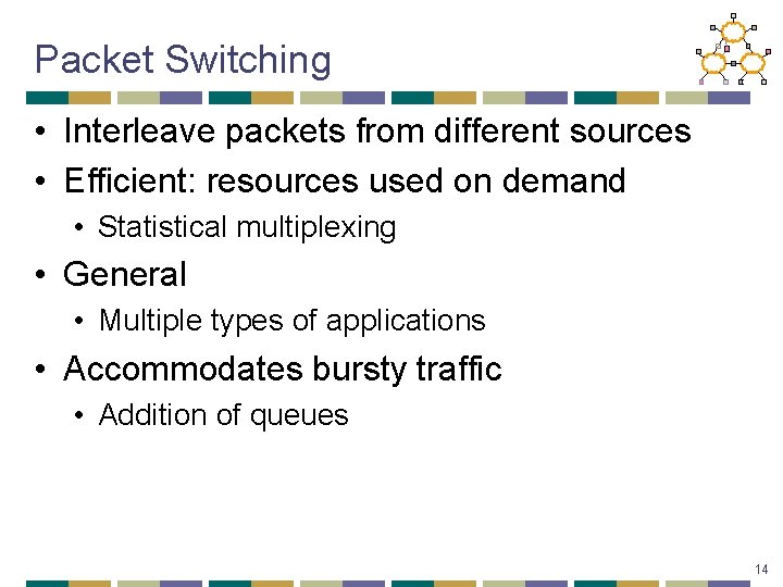 Packet Switching • Interleave packets from different sources • Efficient: resources used on demand